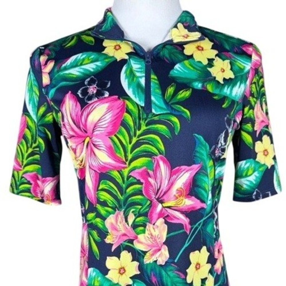 Tommy Bahama Golf Tennis Womens Small Tropical Floral Quarter Zip Polo Top Navy‎